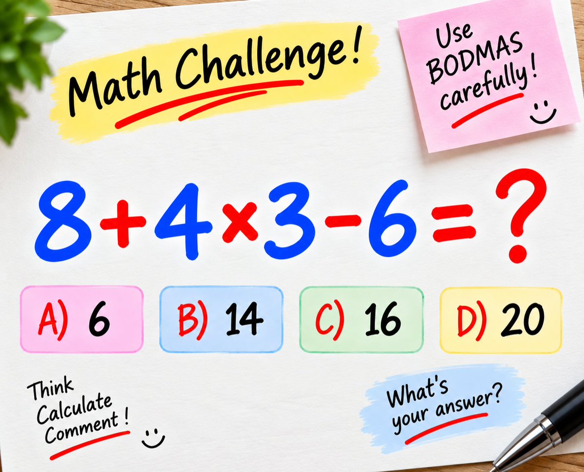 MyMathSir's tweet photo. No calculator needed for this one. 😄

The real test: can you resist adding first? 👀
Choose your answer: A, B, C or D.

#BODMAS #MathChallenge #MentalMath #MathPuzzle #Maths #BrainTeaser https://t.co/4A5WS8hvhR