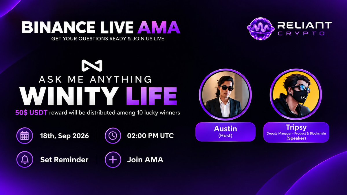 Reliant_crypto's tweet photo. 🎙️ BINANCE LIVE AMA ANNOUNCEMENT 🎙️

We’re excited to host an exclusive Binance Live AMA with @winitylife🪐

🗓️ 18th September | 02:00 PM UTC
🎤 Guest: Tripsy (Deputy Manager - Product & Blockchain)
🎙️ Host: Reliant Crypto Team
💰 50$ Total Reward for 10 Lucky Winners 
🏛️ Venue: Binance Live Set-Reminder : 
https://t.co/YJUe11ruvC…

To receive the reward, all winners must complete Registration & KYC.

✅ Follow : @winitylife

✅ Register Here : 
iOS: https://t.co/hY2KJ9eVqS…
Android: https://t.co/1DinbTXgeT…

#Winitylife #AMA #ReliantCrypto #BinanceLive