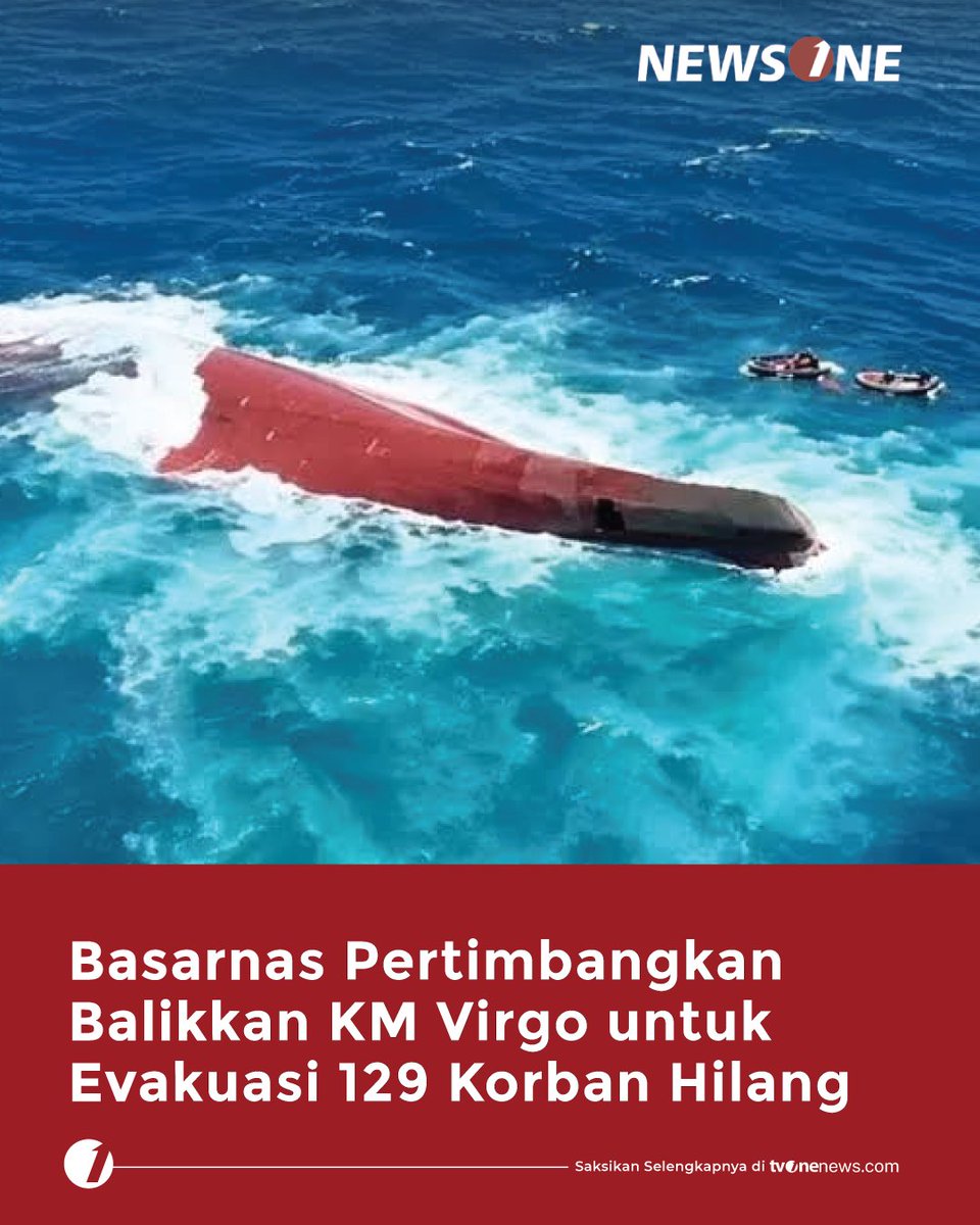 tvOneNews's tweet photo. Basarnas masih mengupayakan berbagai opsi untuk mencari dan mengevakuasi 129 korban KM Virgo Transport 8 yang masih hilang di Laut Jawa.
Simak selengkapnya di https://t.co/HBPMXOEQmY
#HardNews_Tragedi #NewsOne #CariBeritaditvOne #KMVirgo #Basarnas #KapalTerbalik #NO02 https://t.co/hXBGn36BBC
