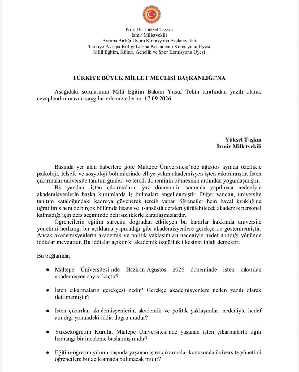 yukseltaskinn's tweet photo. Maltepe Üniversitesi’nde çok sayıda akademisyen, dönemin başlamasına sayılı günler kala, hiçbir gerekçe gösterilmeden işten çıkarıldı. 

Yaşanan işten çıkarmalar hem akademisyenleri hem de öğrencileri mağdur ediyor. Aynı zamanda akademisyenlerin iş güvencesi olmadan bilimsel ve nitelikli bir yükseköğretim sağlanamayacağını da açıkça gösteriyor.  

Akademisyenler mevsimlik ya da dönemlik işçi değildir. Maltepe Üniversitesi bu hukuksuz uygulamadan geri dönmelidir.

Konuyla ilgili soru önergeme yanıt bekliyoruz.