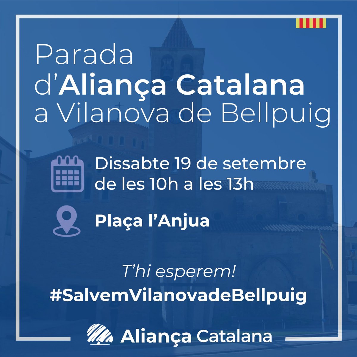 PladurgellAC's tweet photo. Aquest dissabte som a Vilanova de Bellpuig!
Venim a fer pinya, escoltar els veïns i seguir construint el futur de casa nostra.

Dissabte 19 de setembre
De 10h a 13h
📍 Plaça l'Anjua

Vine, informa't i suma't al canvi! 💙
#SalvemVilanovadeBellpuig https://t.co/YRbLUIVY8W