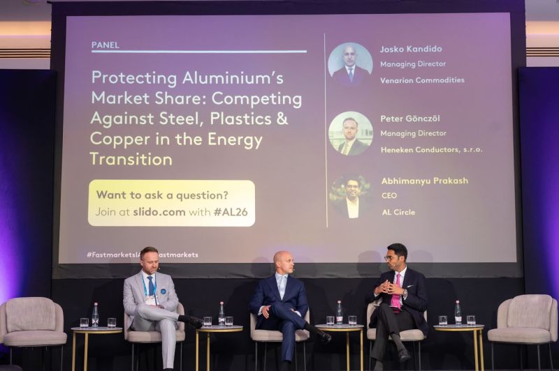 Alcircle's tweet photo. How can aluminium defend and expand its market share as the energy transition accelerates?

During the panel discussion at @Fastmarkets “Protecting Aluminium’s Market Share: Competing Against Steel, Plastics & Copper in the Energy Transition,” industry leaders explored the material-substitution trends reshaping global markets.

The discussion covered aluminium’s growing role in electric vehicles, power grids and renewable-energy infrastructure; the opportunities created by tightening copper supply; and the increasing importance of lightweighting across transport and infrastructure.

The panel also examined how aluminium producers can position the metal more aggressively by strengthening its value proposition around performance, recyclability, availability and lifecycle benefits.

The session featured:
• Josko Kandido, Managing Director, Venarion Commodities
• Peter Gönczöl, Managing Director, Heneken Conductors 
• Abhimanyu Prakash, CEO, AL Circle

Here are a few glimpses from the insightful discussion.

#energytransition #materialsubstitution #electricvehicles #renewableenergy #powergrids