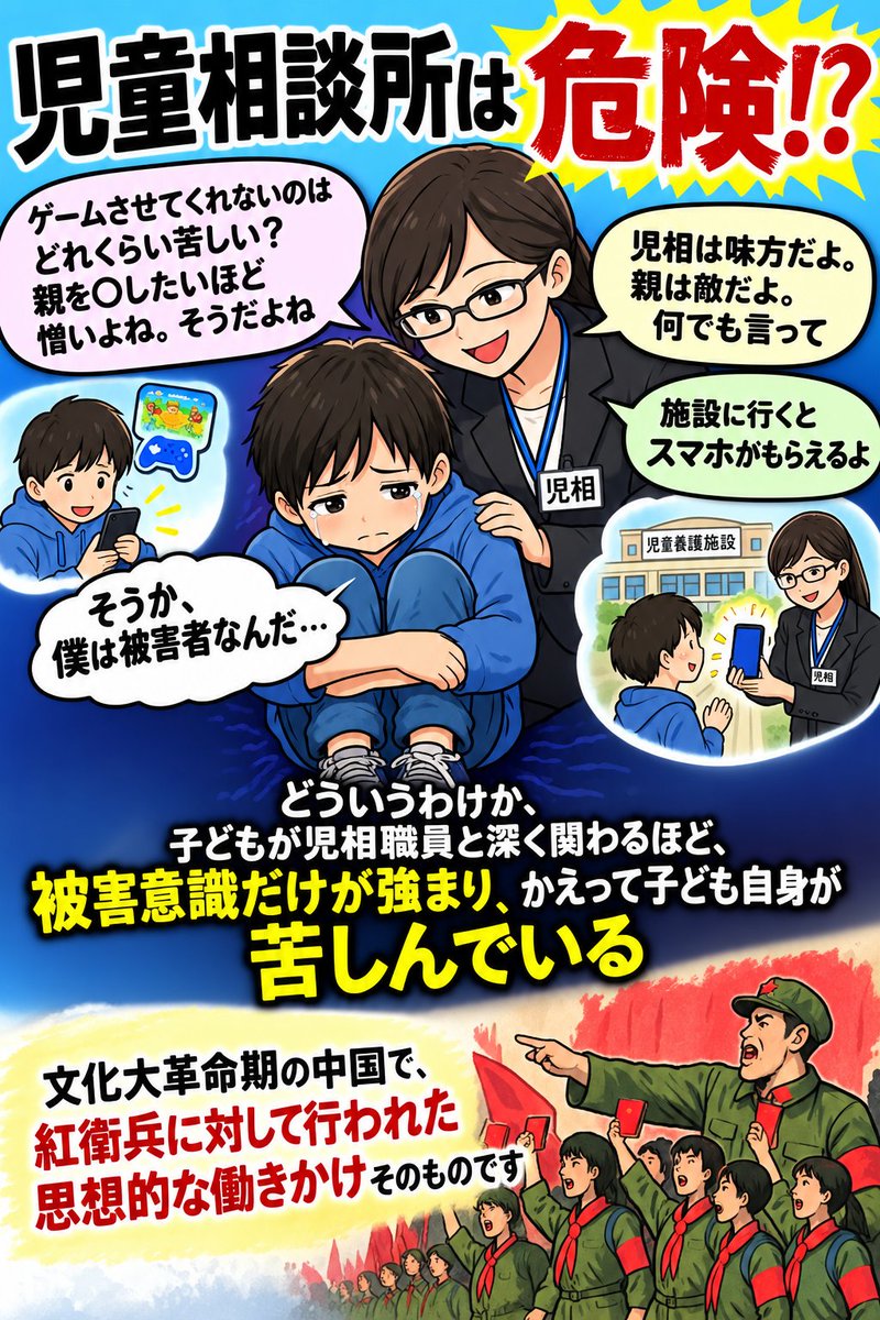 nabafo's tweet photo. 【児童相談所は危険⁉️】
どういうわけか、子どもは児相職員と関わるほど、被害意識だけが強まり、かえって子ども自身が苦しみます！　しかし、記録には「児童相談所が子どもの危機を救った」という形で残されます。
＃名古屋市 ＃女王様児童福祉司 ＃家族破壊が飯の種 https://t.co/hJiDrlyH8j