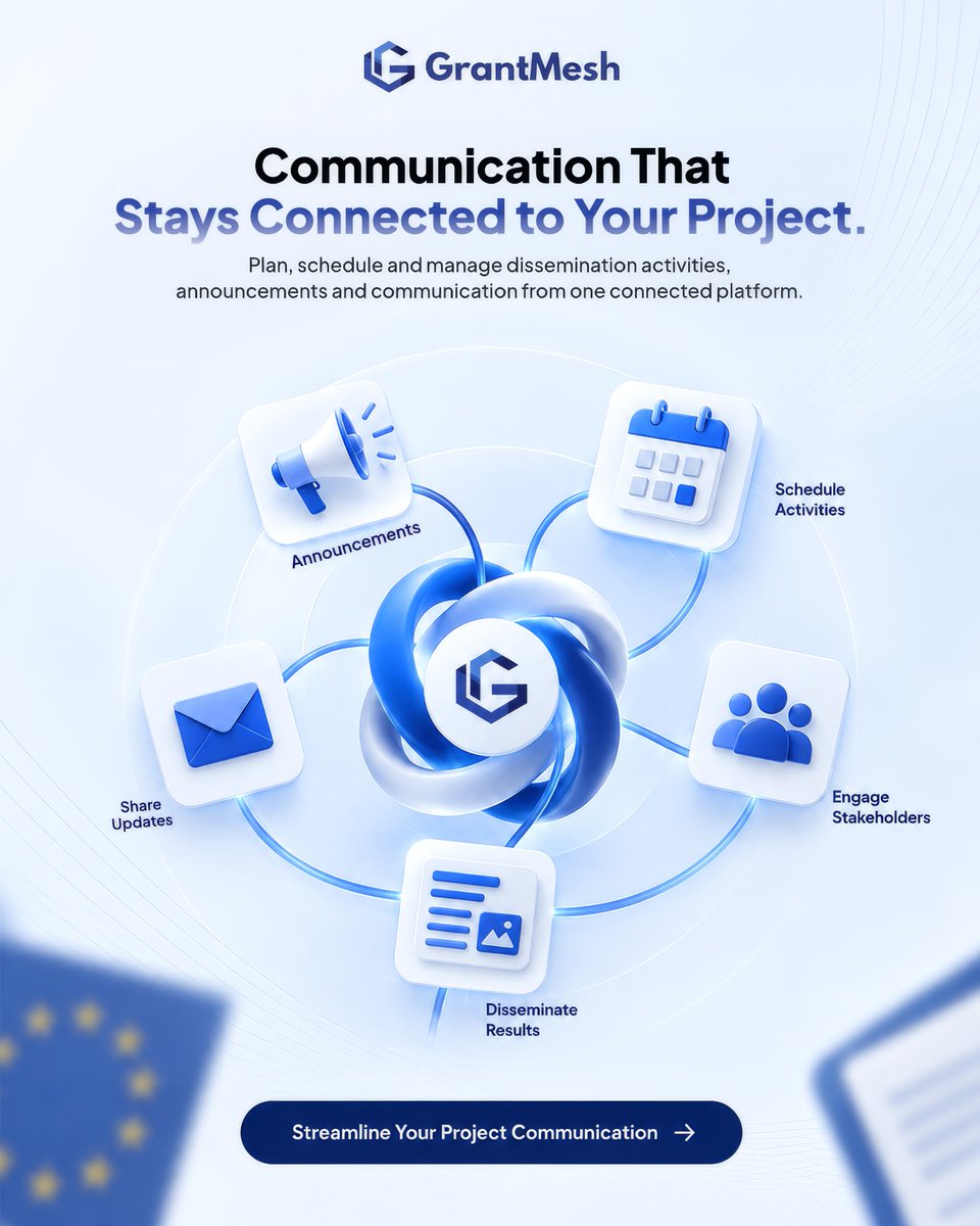 GrantMesh's tweet photo. Good projects need more than great ideas they need communication that keeps everything connected. 

Keep every update, announcement, activity, and result aligned so nothing gets lost along the way.

Plan. Connect. Communicate. Deliver.

#GrantMesh #EUProjects #ProjectManagement https://t.co/kNsRvTgRPF