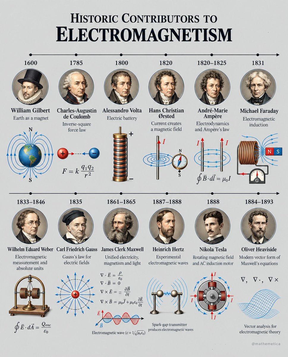 mathemetica's tweet photo. Four lines of vector calculus contain the whole of classical electromagnetism:

∇·E = ρ/ε₀
∇·B = 0
∇×E = −∂B/∂t
∇×B = μ₀J + μ₀ε₀ ∂E/∂t

Charge is the source of electric field; magnetic charge is forbidden. The two curl equations lock the fields together in time, so that a changing electric field begets a magnetic field and a changing magnetic field begets an electric field. 

The same two vacuum constants that appear in those equations fix the speed of the resulting wave at c = 1/√(μ₀ε₀), already known to be the speed of light. 

Maxwell assembled the theory in 1865; Hertz produced the waves two decades later; Heaviside gave the equations the compact vector form still written today.