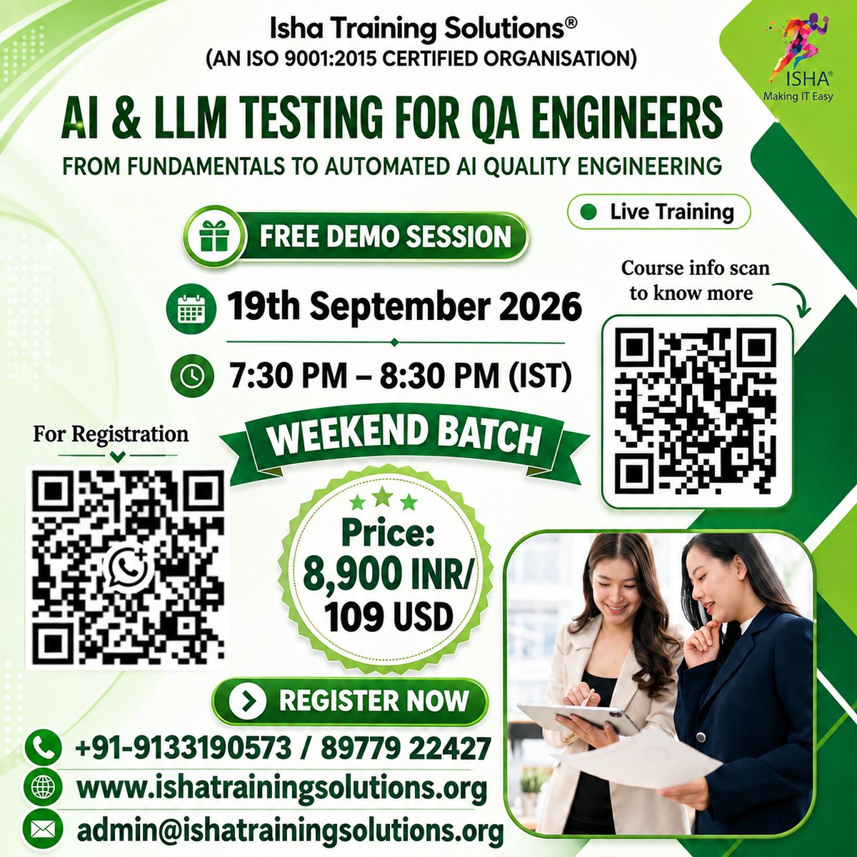 IshaKumargupta's tweet photo. AI & LLM Testing for QA Engineers From Fundamentals to Automated AI QA– Live Training
Free Demo On:
19th Sept@7:30PM(IST)/19th Sept@10:00AM(EST)
Register by joining the link below
https://t.co/yEcBYxRT99
Contact@+91-9133190573
https://t.co/wASJzOtA2G
#AILLMTesting https://t.co/o1wSDSJjVf