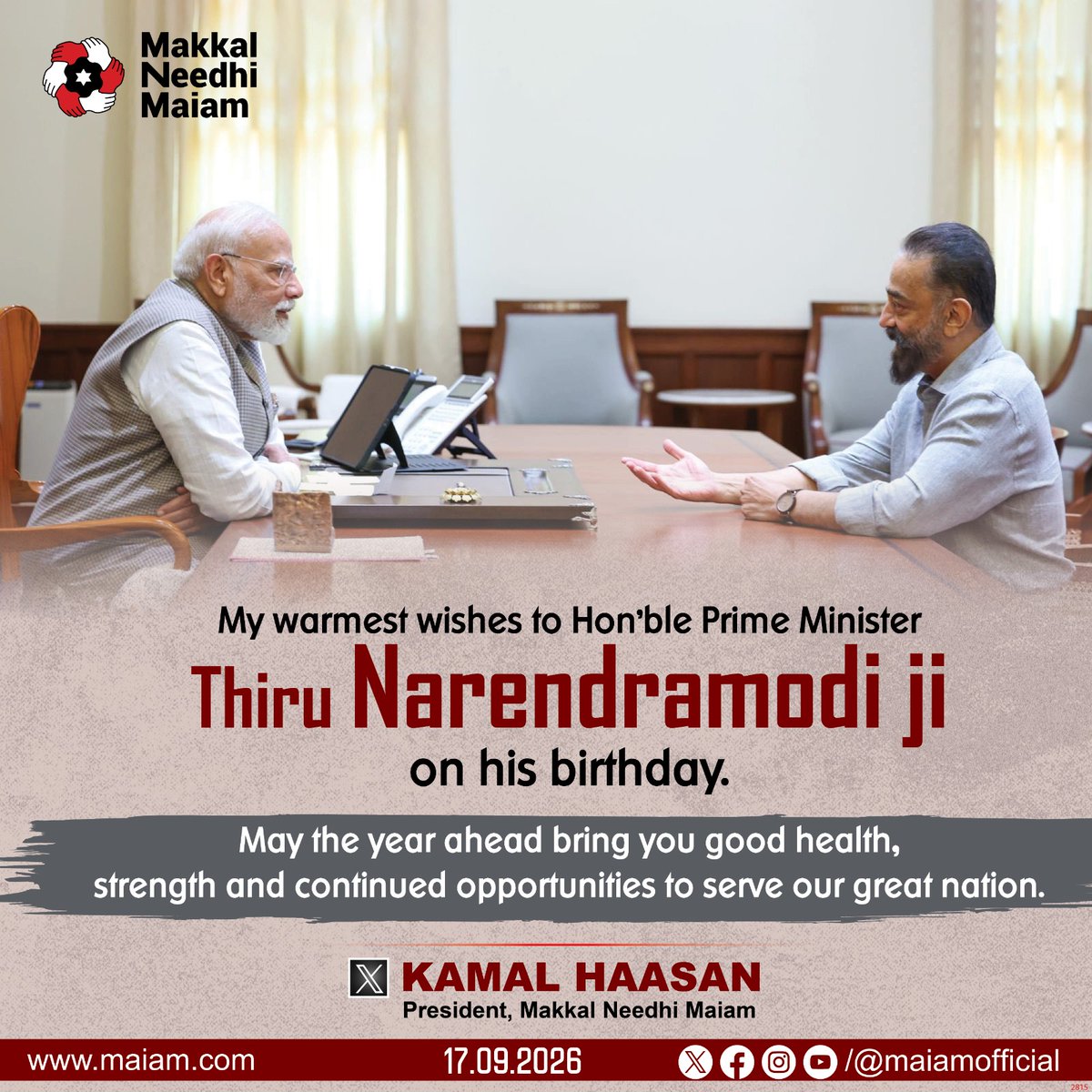 maiamofficial's tweet photo. Makkal Needhi Maiam President and Rajya Sabha MP Thiru. Kamal Haasan @ikamalhaasan extends his warmest wishes to Hon’ble Prime Minister Thiru @narendramodi ji on his birthday.

@PMOIndia

#KamalHaasan
#KamalHaasan_MP
#MakkalNeedhiMaiam https://t.co/N7E7TRmXBI