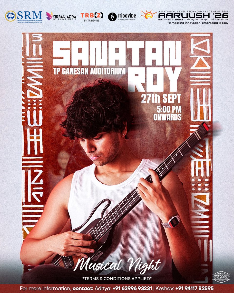 aaruushsrmist's tweet photo. Aaruush ’26 is bringing the heat! 🔥
Sanatan Roy is all set to light up the stage on 27th September and set the mood for an unforgettable evening.
Get your Common Registration at https://t.co/68uNR8uCoX.
#ProNite #SanatanRoy #seeyouattheevent #Aaruush #SRMIST https://t.co/8NPmTMlJda