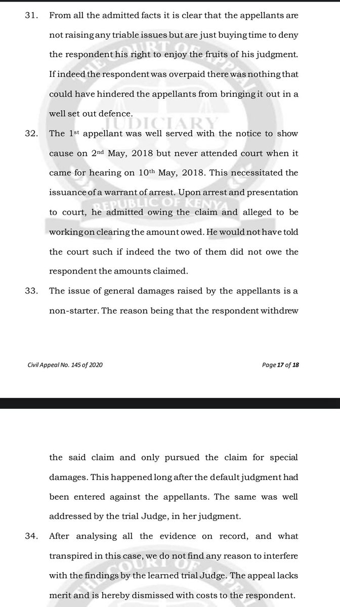 Lexken_EMSLaw's tweet photo. 🚨 Court of Appeal restates when a judgment entered against you in your absence can be undone, and when you are simply stuck with it.

The case is Onesmus Ngunjiri Njenga & another v Captain Suleiman Amir Hamud [2026] KECA. It concerns ex parte judgment, a judgment entered against a defendant who did not appear or file a defence. The Court set out three governing principles.

✅ First, the court's discretion is wide, but not a rescue for the deliberate. A court has unfettered discretion to set aside a regular ex parte judgment, so as to avoid injustice or hardship caused by an excusable mistake, such as inadvertence or genuine error. But that discretion exists to help the honestly mistaken, not the party who deliberately dodged or delayed the case. Discretion is a shield for the careless, not the cunning.

✅ Second, the applicant must show two things. To set aside a regular default judgment, it is not enough to explain your absence. You must demonstrate both a valid reason for failing to file a defence, and that you have a reasonable defence raising triable issues, genuine questions that deserve a trial. A good excuse with no defence fails; a good defence with no excuse for the absence struggles. You need both.

✅ Third, and this is the crux, everything turns on regular versus irregular. If a judgment is irregular, meaning it was entered in breach of procedure, for example, where the defendant was never properly served, it must be set aside ex debito justitiae, as a matter of right. The court has no discretion to refuse; an irregular judgment is simply void. But if the judgment is regular, meaning the defendant was duly served and the procedure was correct, setting it aside is a matter of discretion, and the applicant must earn it by satisfying the two-part test above. Here, because the appellants had been duly served with the pleadings but took no action, the judgment was regular, and they were left to persuade the court, not entitled to relief as of right.

This area holds two competing values in balance. On one side is the right to be heard, the deep principle that no one should lose a case without a chance to defend it, which pulls toward reopening default judgments generously. On the other is finality and the integrity of court process, which cannot function if judgments are freely undone by defendants who ignored proper service and now want a second chance. The regular/irregular distinction is precisely how the law reconciles the two: where the process failed the defendant (irregular), the right to be heard prevails absolutely; where the defendant failed the process (regular), finality holds unless the defendant shows genuine cause and a real defence.

The practical takeaway. If you are served with court papers, act, because a regular judgment entered after proper service is hard to undo, and inaction is not an excusable mistake. If you do find a default judgment against you, your prospects turn first on how you were served: an irregular judgment falls as of right, but a regular one requires you to show both a credible reason for your absence and a defense with real triable issues. And for those enforcing a judgment: proper, provable service is what makes your judgment regular, and therefore durable. In default judgments, service is the hinge on which everything turns.

👉 Follow @Lexken_EMSLaw for practical legal insights on civil procedure, litigation and dispute resolution.