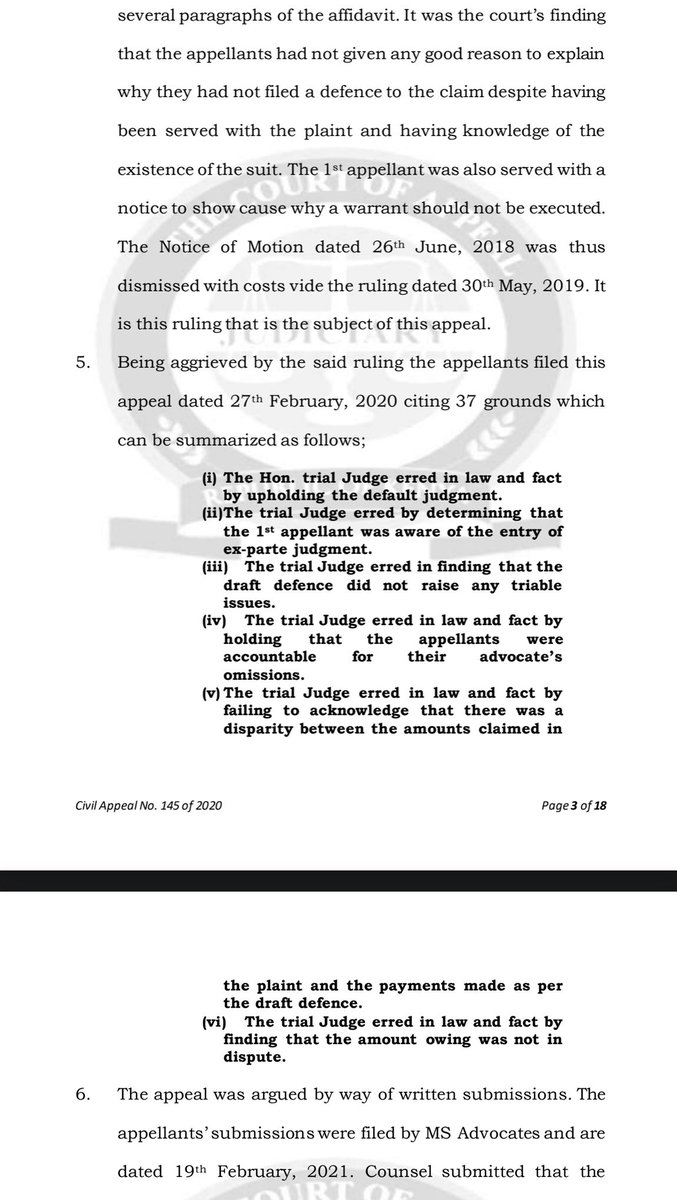 Lexken_EMSLaw's tweet photo. 🚨 Court of Appeal restates when a judgment entered against you in your absence can be undone, and when you are simply stuck with it.

The case is Onesmus Ngunjiri Njenga & another v Captain Suleiman Amir Hamud [2026] KECA. It concerns ex parte judgment, a judgment entered against a defendant who did not appear or file a defence. The Court set out three governing principles.

✅ First, the court's discretion is wide, but not a rescue for the deliberate. A court has unfettered discretion to set aside a regular ex parte judgment, so as to avoid injustice or hardship caused by an excusable mistake, such as inadvertence or genuine error. But that discretion exists to help the honestly mistaken, not the party who deliberately dodged or delayed the case. Discretion is a shield for the careless, not the cunning.

✅ Second, the applicant must show two things. To set aside a regular default judgment, it is not enough to explain your absence. You must demonstrate both a valid reason for failing to file a defence, and that you have a reasonable defence raising triable issues, genuine questions that deserve a trial. A good excuse with no defence fails; a good defence with no excuse for the absence struggles. You need both.

✅ Third, and this is the crux, everything turns on regular versus irregular. If a judgment is irregular, meaning it was entered in breach of procedure, for example, where the defendant was never properly served, it must be set aside ex debito justitiae, as a matter of right. The court has no discretion to refuse; an irregular judgment is simply void. But if the judgment is regular, meaning the defendant was duly served and the procedure was correct, setting it aside is a matter of discretion, and the applicant must earn it by satisfying the two-part test above. Here, because the appellants had been duly served with the pleadings but took no action, the judgment was regular, and they were left to persuade the court, not entitled to relief as of right.

This area holds two competing values in balance. On one side is the right to be heard, the deep principle that no one should lose a case without a chance to defend it, which pulls toward reopening default judgments generously. On the other is finality and the integrity of court process, which cannot function if judgments are freely undone by defendants who ignored proper service and now want a second chance. The regular/irregular distinction is precisely how the law reconciles the two: where the process failed the defendant (irregular), the right to be heard prevails absolutely; where the defendant failed the process (regular), finality holds unless the defendant shows genuine cause and a real defence.

The practical takeaway. If you are served with court papers, act, because a regular judgment entered after proper service is hard to undo, and inaction is not an excusable mistake. If you do find a default judgment against you, your prospects turn first on how you were served: an irregular judgment falls as of right, but a regular one requires you to show both a credible reason for your absence and a defense with real triable issues. And for those enforcing a judgment: proper, provable service is what makes your judgment regular, and therefore durable. In default judgments, service is the hinge on which everything turns.

👉 Follow @Lexken_EMSLaw for practical legal insights on civil procedure, litigation and dispute resolution.