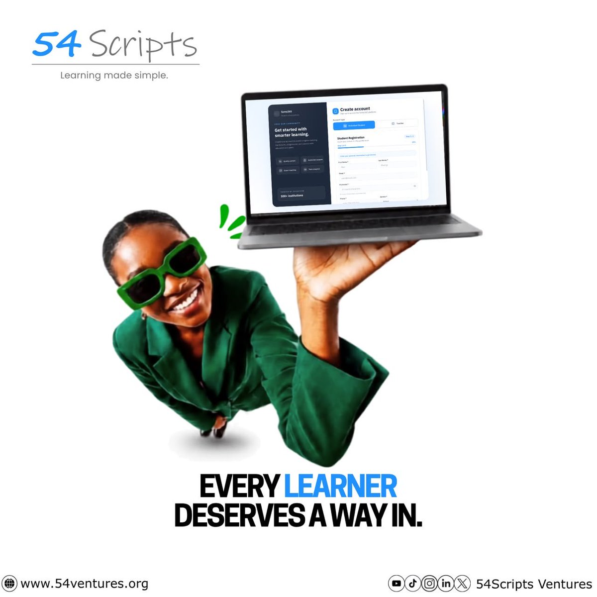 54ScriptsUg's tweet photo. Every learner deserves a way in.
At 54 Scripts, we have built technology that makes learning more accessible, simple and inclusive for every learner.
#54Scripts #LearningMadeSimple #InclusiveEducation #EducationTechnology
#Futureoflearning https://t.co/4Vt4E9FefA