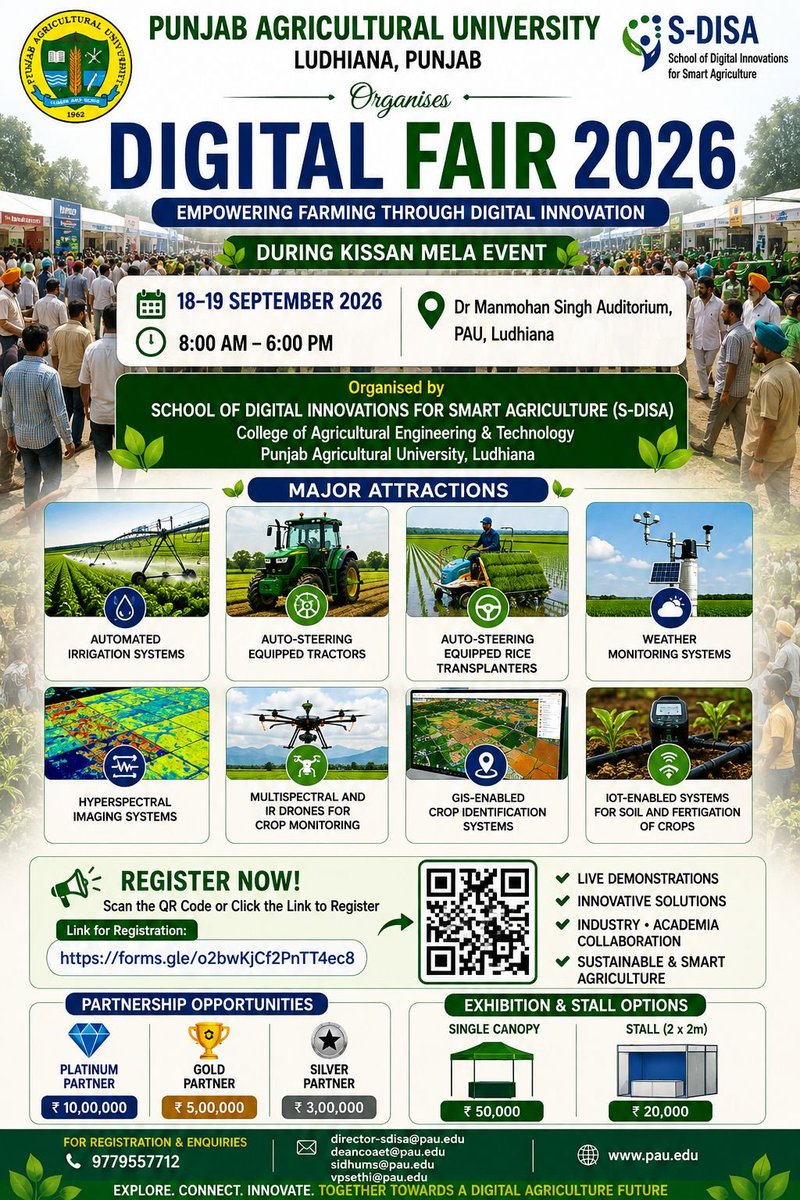 stidataportalpb's tweet photo. #STIEcosystemPunjab
#DigitalFair 2026 | @PAU_Ldh showcasing digital innovations for sustainable &amp; smart agriculture during Kisan Mela, 18-19 Sep 2026. Join to explore live demonstrations, innovative solutions &amp; collaborations.
 #STIDataPortalPunjab #DigitalAgriculture @PSCST_GoP https://t.co/WJF7pAFDry