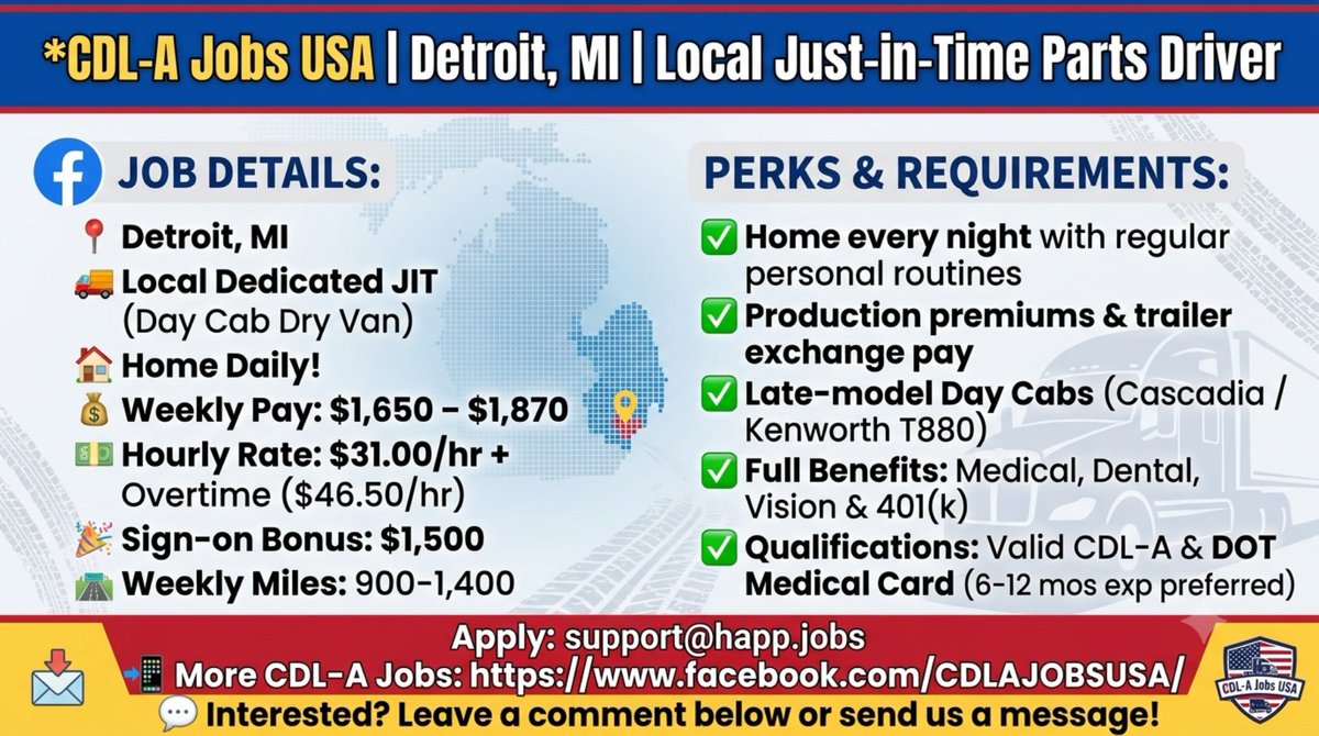 SKoloskov8223's tweet photo. 🚚 CDL-A Drivers in Detroit, MI! 💰 Earn $1,650-$1,870/wk ($31/hr + OT). 🏠 Home Daily! Local JIT automotive routes. $1,500 Sign-on Bonus. Valid Class A CDL required. https://t.co/KQtawwVuCw
👇https://t.co/Dtz9OlFsKX #CDLA #TruckingJobs #DetroitJobs #TruckDriver #Hiring https://t.co/ecToHzb3lL