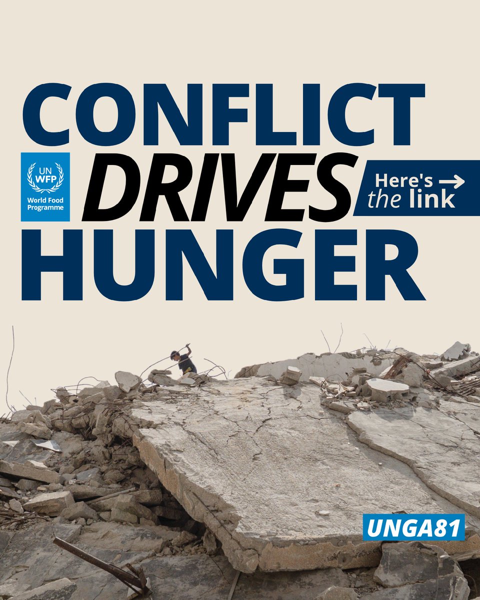 WFP's tweet photo. Conflict and hunger fuel each other. 

Conflict destroys food systems, drives families from their homes and leaves millions struggling to find enough to eat. 

As world leaders gather at #UNGA81, WFP will be highlighting a simple truth: we cannot build lasting peace while millions go hungry. 🌍🕊️