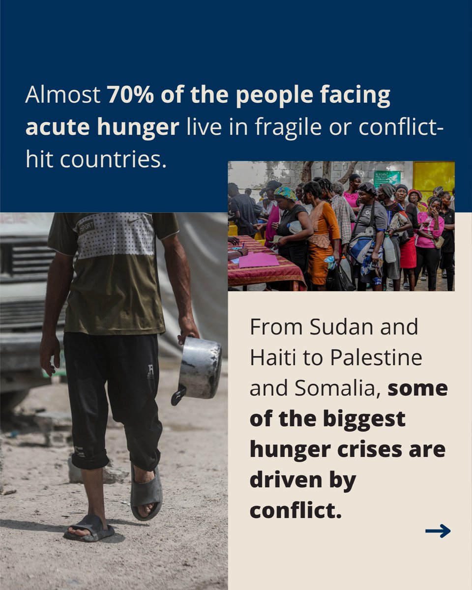 WFP's tweet photo. Conflict and hunger fuel each other. 

Conflict destroys food systems, drives families from their homes and leaves millions struggling to find enough to eat. 

As world leaders gather at #UNGA81, WFP will be highlighting a simple truth: we cannot build lasting peace while millions go hungry. 🌍🕊️