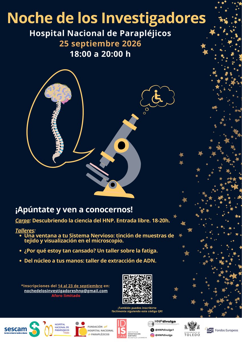 HNParaplejicos's tweet photo. 🧠Acogemos una nueva edición de la 'Noche europea de los investigadores' 🔬
📆El 25 de septiembre, tienes una cita en el #HNParapléjicos @HNPdivulga1 
Apúntate aquí 👉 https://t.co/cSjWlBeZ8F y participa en los talleres que llevaremos a cabo 
¡Te esperamos! 😉 
Toda la info. 👇 https://t.co/6NBk0eCLEE