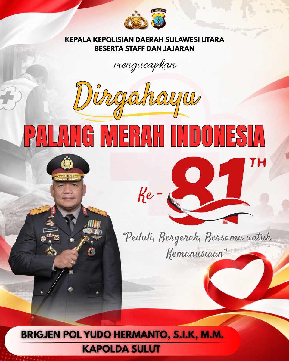 poldasulut_'s tweet photo. โค๏ธ Dirgahayu Palang Merah Indonesia ke-81! โค๏ธ
Kepala Kepolisian Daerah Sulawesi Utara beserta staf dan jajaran mengucapkan selamat HUT Palang Merah Indonesia ke-81.
โPeduli, Bergerak, Bersama untuk Kemanusiaan.โ
#HUTPMI81 #PalangMerahIndonesia #PMI #Kemanusiaan #PoldaSulut https://t.co/Kr0rfNT1Lg