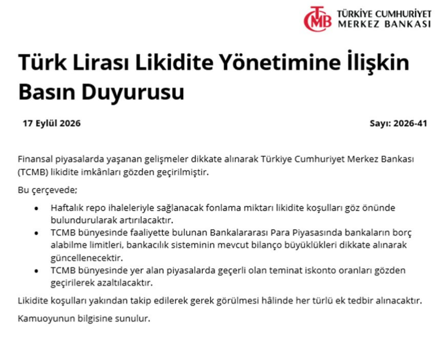 borsa_tim's tweet photo. Günaydın dostlar bol kazançlar

📌 TCMB’den TL likiditesine yönelik yeni adımlar

• Haftalık repo ihaleleriyle sağlanan fonlama miktarını artıracak.
• Bankaların TCMB nezdindeki borçlanma limitlerini güncelleyecek.
• Piyasalarda geçerli teminat iskonto oranlarını azaltacak.
• Likidite koşullarını yakından izleyerek gerektiğinde ek tedbirler alacak.

Özetle: Bankacılık sisteminin TL likiditesine erişimini kolaylaştırmaya yönelik kapsamlı bir düzenleme geliyor.

#borsa #bist100
