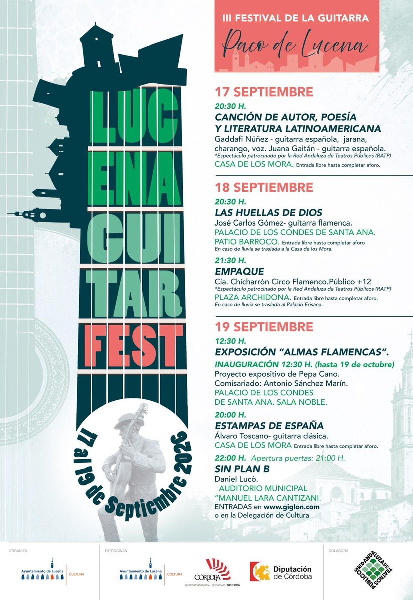 AytoLucena's tweet photo. 🎶 Nos esperan tres días para disfrutar de la guitarra en muchas de sus formas. 

Desde hoy y hasta el sábado, el Guitar Fest 2026 “Paco de Lucena” propone conciertos, flamenco, poesía, circo y una nueva exposición en diferentes espacios.

Consulta toda la programación ⤵️ https://t.co/cDUM47nQi9