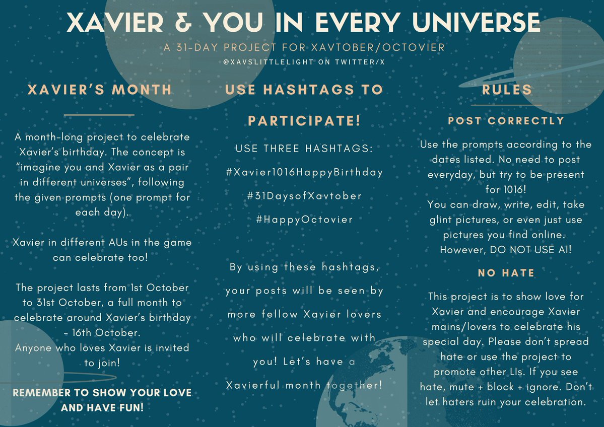 xavslittlelight's tweet photo. Hi I edited the posters a little to get rid of small mistakes + add Wanderers to the same day as Mythical Creatures
Reminder that the project runs from 1st to the 31st of Xavtober/Octovier / 1st poster has the prompts, 2nd poster explains the project
Pls share this one instead! https://t.co/In32CiPkU3
