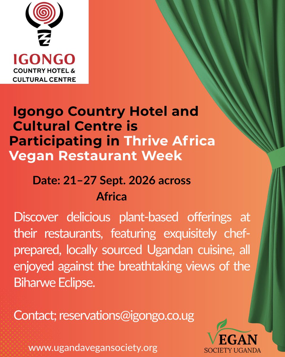 VeganSocietyUg's tweet photo. The countdown is on to the 5th #ThriveAfricaVeganRestaurantWeek!

We’re excited to unveil @Igongocc  as another participating Hotel 🇺🇬
Enjoy delicious plant-based dining at Kahwa Kanuzire, Sheema Tavern, Rwampara Restaurant &amp; Humura Restaurant &amp; Bar
Located 12km from Mbarara City https://t.co/fJBggW8ktO