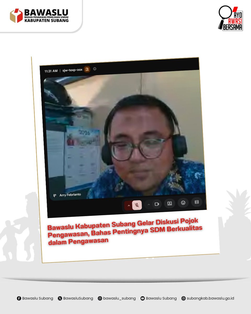 BawasluSubang's tweet photo. Bawaslu Subang menggelar Diskusi Pojok Pengawasan bertajuk “SDM dalam Pengawasan: SDM Berkualitas, Pengawasan Berkualitas” (17/9) secara daring.

Bersama Arry Febrianto, diskusi membahas peran SDM dalam mendukung pengawasan yg berkualitas, akurat, berintegritas &amp; dipercaya publik https://t.co/ErFzfl03BM