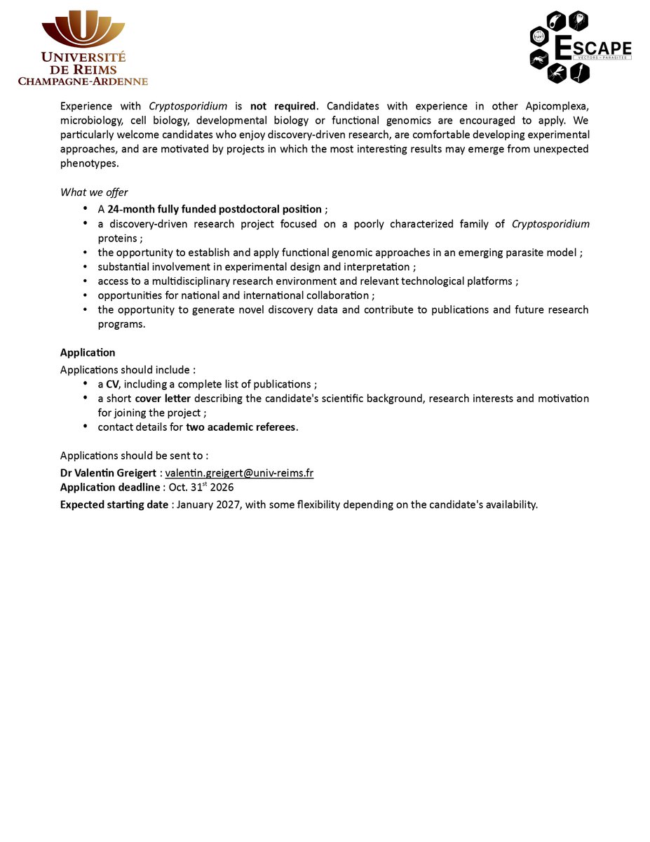 ParaFrap's tweet photo. 🚨 Fully funded #PostDoc opportunity @universitereims  🇫🇷 !

🦠 Explore the biology of #Cryptosporidium using #CRISPR &amp; functional genomics to uncover the role of LCCL-domain proteins in parasite development.

📅 24 months | Start: Jan 2027
⏳ Apply by Oct 31, 2026 https://t.co/RUjoSmyn64