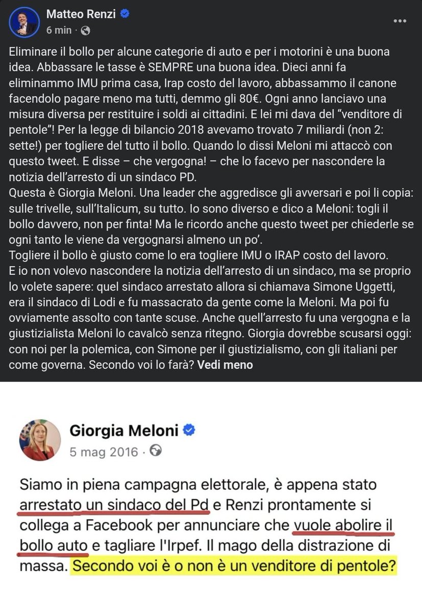 politikosit's tweet photo. Renzi: “Per la legge di bilancio 2018 avevamo trovato 7 miliardi (non 2: sette!) per togliere del tutto il bollo. Quando lo dissi #Meloni mi attaccò con questo tweet. Questa è lei: aggredisce gli avversari e poi li copia. Giorgia dovrebbe scusarsi oggi. Secondo voi lo farà?” https://t.co/DP3ExLiY76