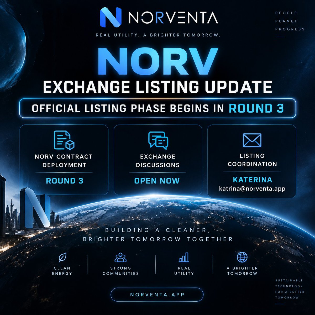 HimaNorventa's tweet photo. NORV is moving toward its next major milestone.

We’ve recently seen growing interest from exchanges regarding potential NORV listings.

Preliminary exchange discussions are already open, while our formal listing phase begins in Round 3 alongside the deployment of the official NORV token contract.

We’re using this period to evaluate potential exchange partners, negotiate terms, and prepare the technical and liquidity requirements in advance.

Official update:
https://t.co/xIoO6Dgtqj

Building step by step. Long-term.

HIMA
Founder, NORVENTA