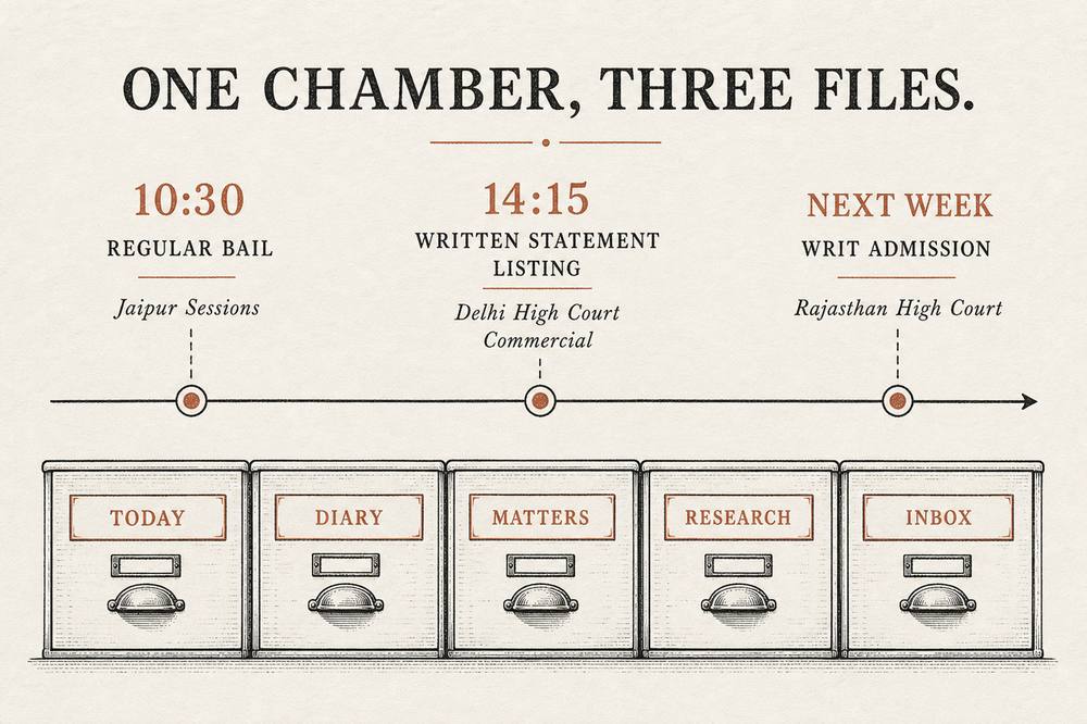 Vin8003's tweet photo. One chamber. Three courts today.

Bail in Jaipur at 10:30.
Written statement listing in Delhi at 14:15.
Writ admission next week in Rajasthan.

Same drawers: Today, Diary, Matters, Research, Inbox.
Not a chatbot pretending to be a chamber.

CiteBench.

How does your chamber track three courts on the same day without the diary becoming a mess?