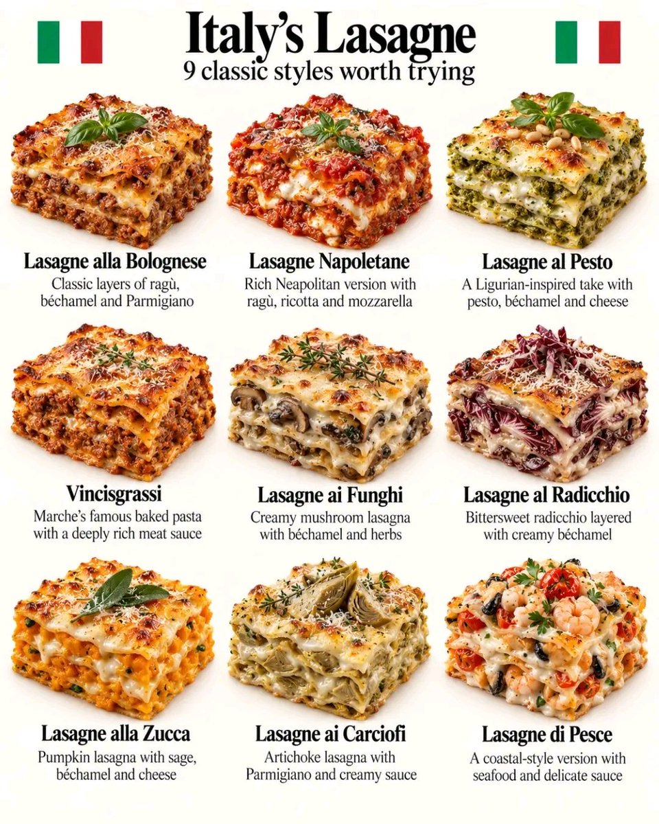 francesafetytra's tweet photo. Lasagna in Italy is far more varied than one might expect.

Many people picture lasagne alla Bolognese first, with ragù, béchamel and Parmigiano layered between sheets of pasta. But in Naples, the dish takes on a heartier character, often combining ragù with ricotta, mozzarella and other ingredients. In Liguria, pesto gives lasagna an entirely different direction, while Marche has its own celebrated specialty, vincisgrassi, a richly seasoned baked pasta with a distinctive regional character.

The variety goes even further, with recipes featuring mushrooms, radicchio, pumpkin, artichokes and seafood. The concept remains familiar, yet changing the ingredients can transform the entire dish.

That is part of what makes Italian cuisine so fascinating. Lasagna may be known around the world, but across Italy it isn't limited to a single formula. Cross a regional border and a dish you thought you knew can suddenly feel completely new.

Which one of these nine versions would you taste first? 🇮🇹