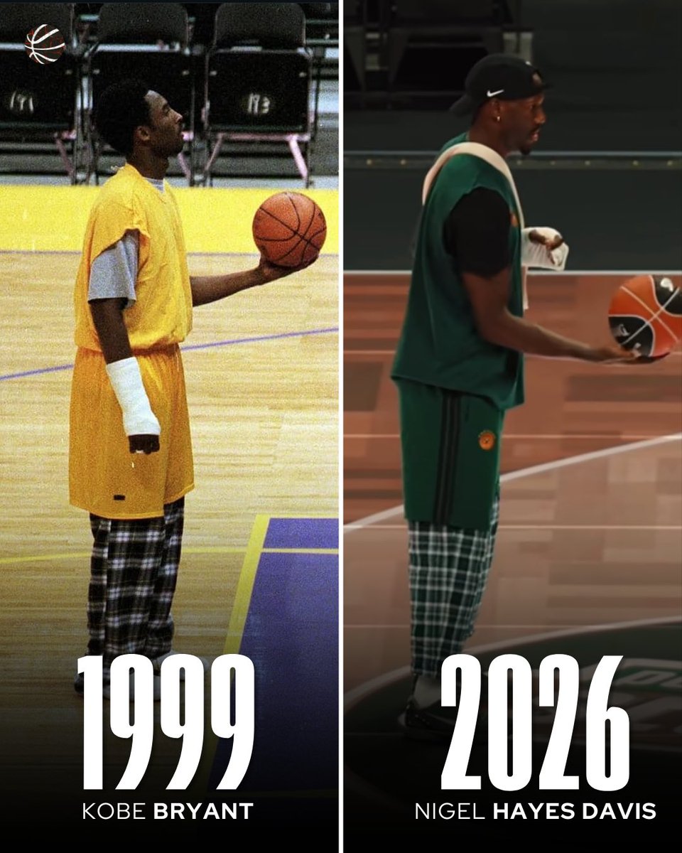 bballmaniacs_'s tweet photo. In 1999, Kobe Bryant showed up to practice in his pajamas with a cast on his broken right hand—and still went through the workout.

27 years later, Nigel Hayes-Davis did the same.

Mamba Mentality. 🐍

#paobc #paobcgr #olympiacosbc #euroleague #nba https://t.co/D3R9L7M5tu