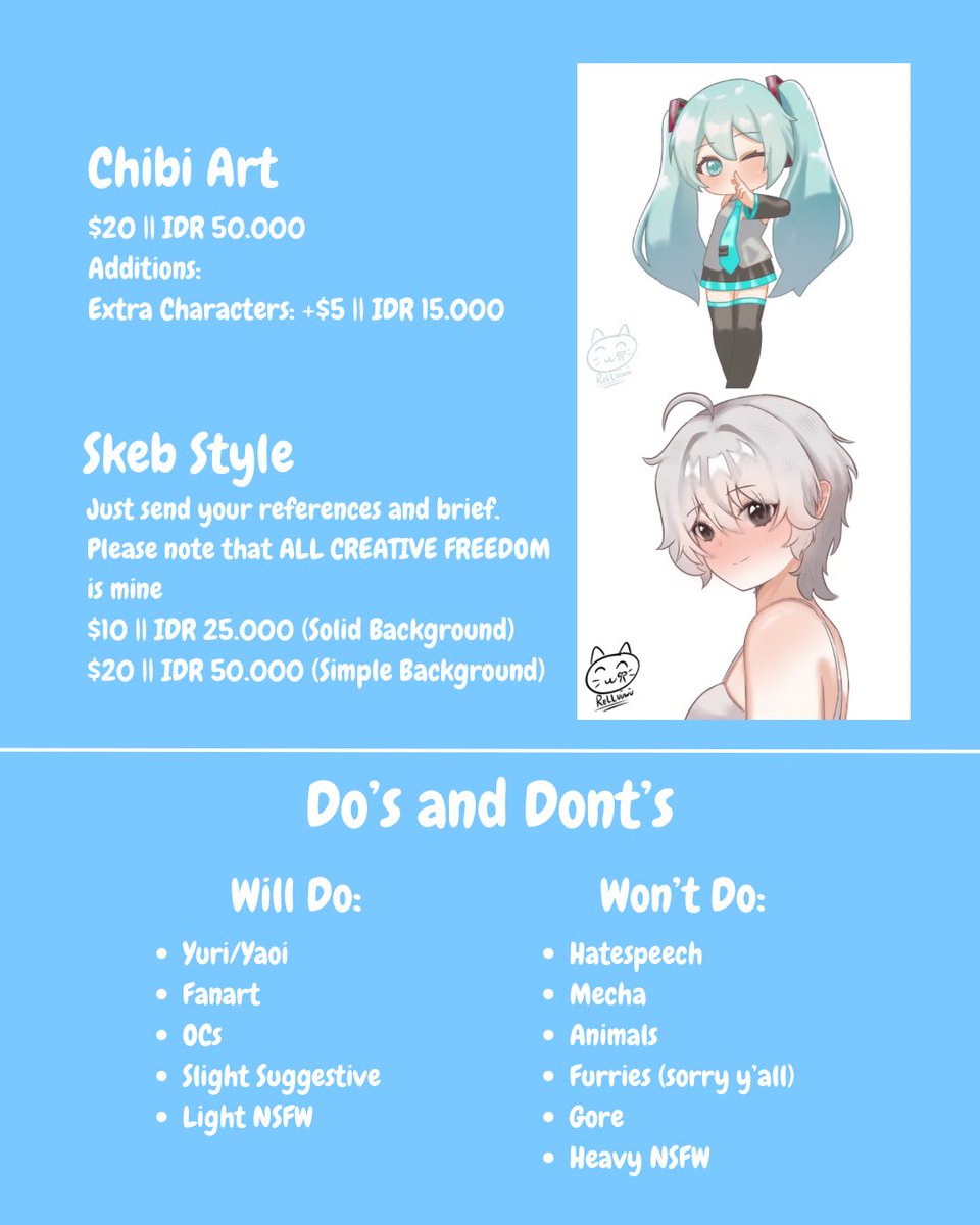 relluuwu's tweet photo. ☁️ Commissions are Open! ☁️

My specialties are Hoyo Games, VOCALOID, Project Sekai, and Hololive. If you are interested in commissioning me, Please DM me directly. Be sure to also read my Terms and Services! Thank You🫶

#commission #opencommission #commissions https://t.co/P0ZTjJEKaG