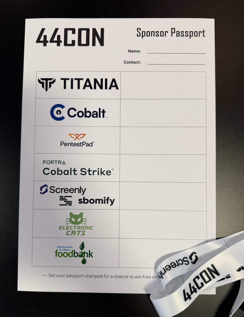 44CON's tweet photo. Good morning #44CON26!

Make sure you pick up your sponsor passport as you come in.

Visit all the sponsors and collect their stamps for a chance to win entry to next year's event. https://t.co/OUhOdDVkjR