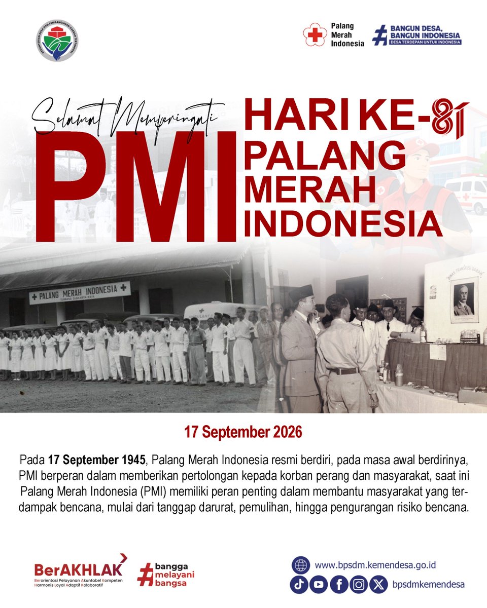 maulida_tppwp's tweet photo. SELAMAT HARI PALANG  MERAH INDONESIA, 

17 September 2026

Mari terus tumbuhkan semangat kemanusiaan, kepedulian, dan kerelawanan untuk Indonesia yang lebih tangguh.

🩸 Setetes darah, sejuta harapan. Bersama, kita hadir untuk kemanusiaan.

#KementerianDesaPDT https://t.co/ULGzlD3sZJ