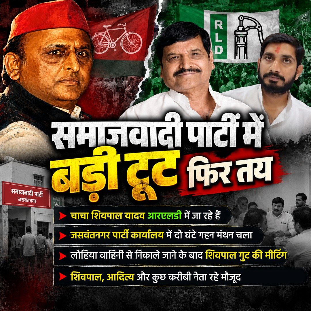 Arunkr750's tweet photo. पहले मंत्री पद से बर्खास्तगी, फिर सीधे पार्टी से बाहर का रास्ता, और अब लोहिया ट्रस्ट के अध्यक्ष पद से भी हटाना अखिलेश यादव ने चाचा शिवपाल यादव को एक के बाद एक कई बार सार्वजनिक रूप से अपमानित किया है।

 हर बार शिवपाल यादव ने संयम दिखाया, लेकिन अब लगता है सब्र का बांध टूट चुका है। जसवंतनगर में हुई गहन मंथन बैठक और अब आरएलडी की तरफ बढ़ते कदम इस बात का सबूत हैं कि सपा का यह पुराना पारिवारिक झगड़ा अब पूरी तरह खुलकर सड़क पर आ गया है।