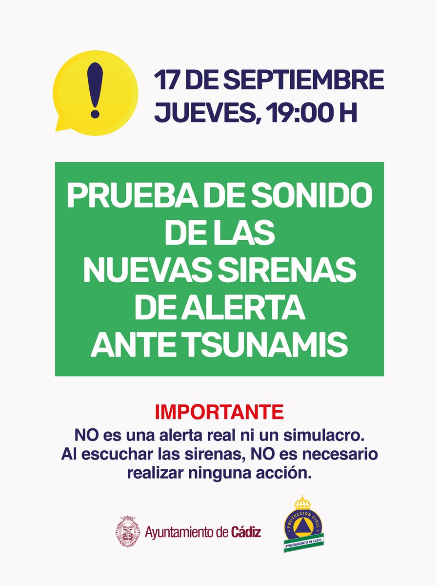 Cadiz_es's tweet photo. 🚨🚨 HOY jueves, 17 de septiembre, a las 19 horas

Prueba de sonido de las nuevas sirenas de alerta ante tsunamis

➡️ Ojo: No es una alerta real ni es un simulacro. Al escuchar las sirenas no es necesario realizar ninguna acción

#tsunami #Cádiz https://t.co/k8qMFSGRKf