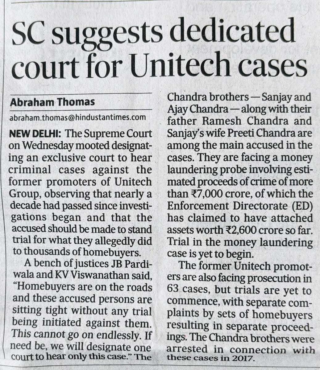 Subho_connect's tweet photo. https://t.co/CJAmprMuCu  # @barandbench @rashtrapatibhvn @nsitharaman @nsitharamanoffc @MLJ_GoI @unitechltd Honourable Supreme Court of India! We are much obliged that SC has understood the pains and sufferings of 20000 #CHEATEDHOMEBUYERS pan India which resulted in your suggestion for Dedicated Courts to provide justice to 20000 home buyers who have been miserably suffering for last 18 years. After all Homebuyers Rs 16000 Crores(Grant Thorton Report) could not have just vanished by #MAGIC without active collusive support of Corrupt Ministers, Corrupt Govt Bureaucrats and Licensing Authorities and of course Banks. So intelligently the money has been siphoned overseas(thanks to great Indian Lawyers/Lawyer Cum Ministers who helped prolong the cases for years to facilitate traceless siphoning), that even our Enforcement Directorate(ED) @dir_ed and Central Bureau of Investigation CBI @CBIHeadquarters could only recover pittance. The erstwhile Chandra family promoters of Unitech Ltd(since 2020 a Govt of India Co) are too well known for their great influence over India's Executive, what difference does it make for a few years imprisonment? The Octogenarian Civil Engineer(IIT) Ramesh Chandra was granted bail on health grounds and its all hunky dory in India with the family. Govt enforcement/Crime Investigation companies failed and all assets where Govt wants to encash and attach are already having encumbrances very smartly. SC has appointed the Board of Directors and even last CMD Mr Yudhvir Mallik appointed by SC has spent 6 years without any substantial progress-there are reports on his unethical practices also. Now a new CMD Mr Giridhar Aramane has taken over as CMD-again approved by Honourable SC. But without men, materials and abilities to cycle cash flows, is it possible to complete some 19000 flats. Without Govt putting in funds to rotate and make progress, how can such a large project be executed? If Govt stake holders(Ministers, Bureaucrats,Licensing Authorities) all collaborated in assisting the loot and Enforcement Agencies/Investigation Companies of Govt has failed, is it not responsiblility of Govt to help generate cash flow cycles to complete so many flats? Why did Government take over Unitech as suggested by your Honourable Court -it was moved by you to provide justice. Is Govt planning a Gallantry Award for being cheated and so flats when one is 75 years or more or worse posthumously? Is the the message to the world about justice in India? We are all old, most retired with old age problems and only wish to die gracefully as we head towards our ends. Is such a wish list also not possible for Govt/Hon SC to oblige us with? We plead before you with folded hands