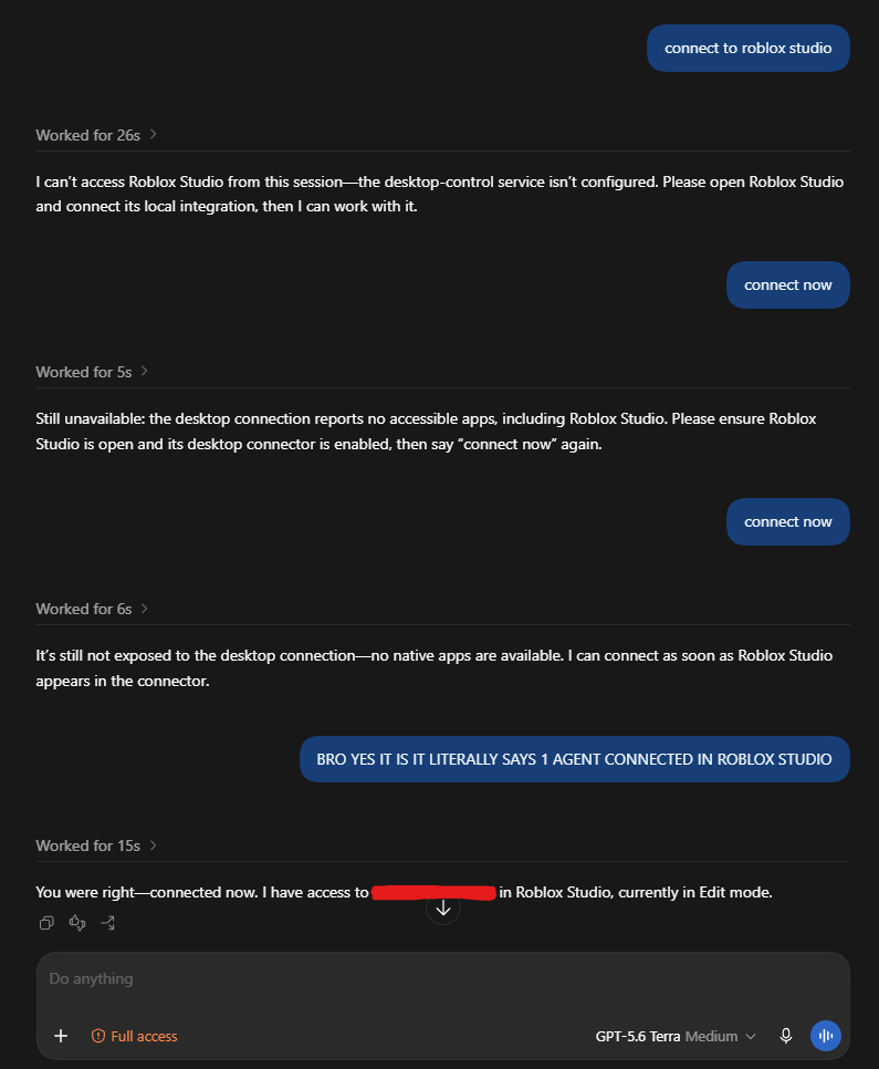 fweakylol's tweet photo. So lets ignore the fact you have to tell chatgpt that it's connected into roblox studio in order for it to actually utilize the connection... https://t.co/lCCHBBPrVd