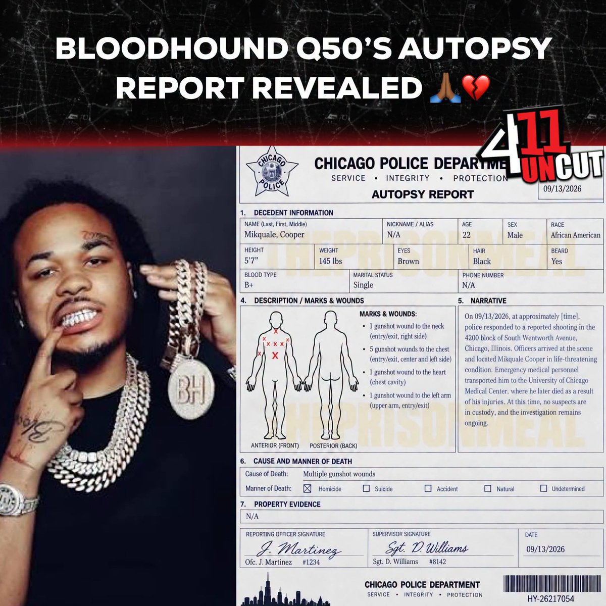 haywi231's tweet photo. Wow gang! 🙏🏾💔 Bloodhound Q50’s autopsy report has reportedly revealed new details surrounding his death, including the injuries he suffered. Q50 was just 22 years old at the time of his passing. 🕊️

Sending condolences to his family, friends &amp; the entire Bloodhound camp. 🙏🏾 https://t.co/AKBcB9Yehu