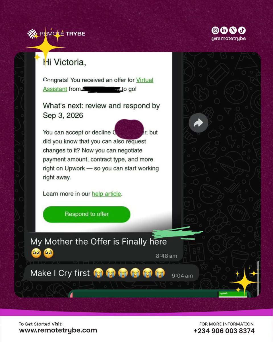remotetrybe's tweet photo. Congratulations, Victoria 🎉
It all started with a direct invite to a job and she nailed the interview and got hired. 
You need the right skills, a strong profile, good proposals to land jobs,let's teach you in our Nov Cohort 
https://t.co/sUrMvUxXd8
#Soludo
#Olujacobs
#Dangote https://t.co/cx6dyKittn