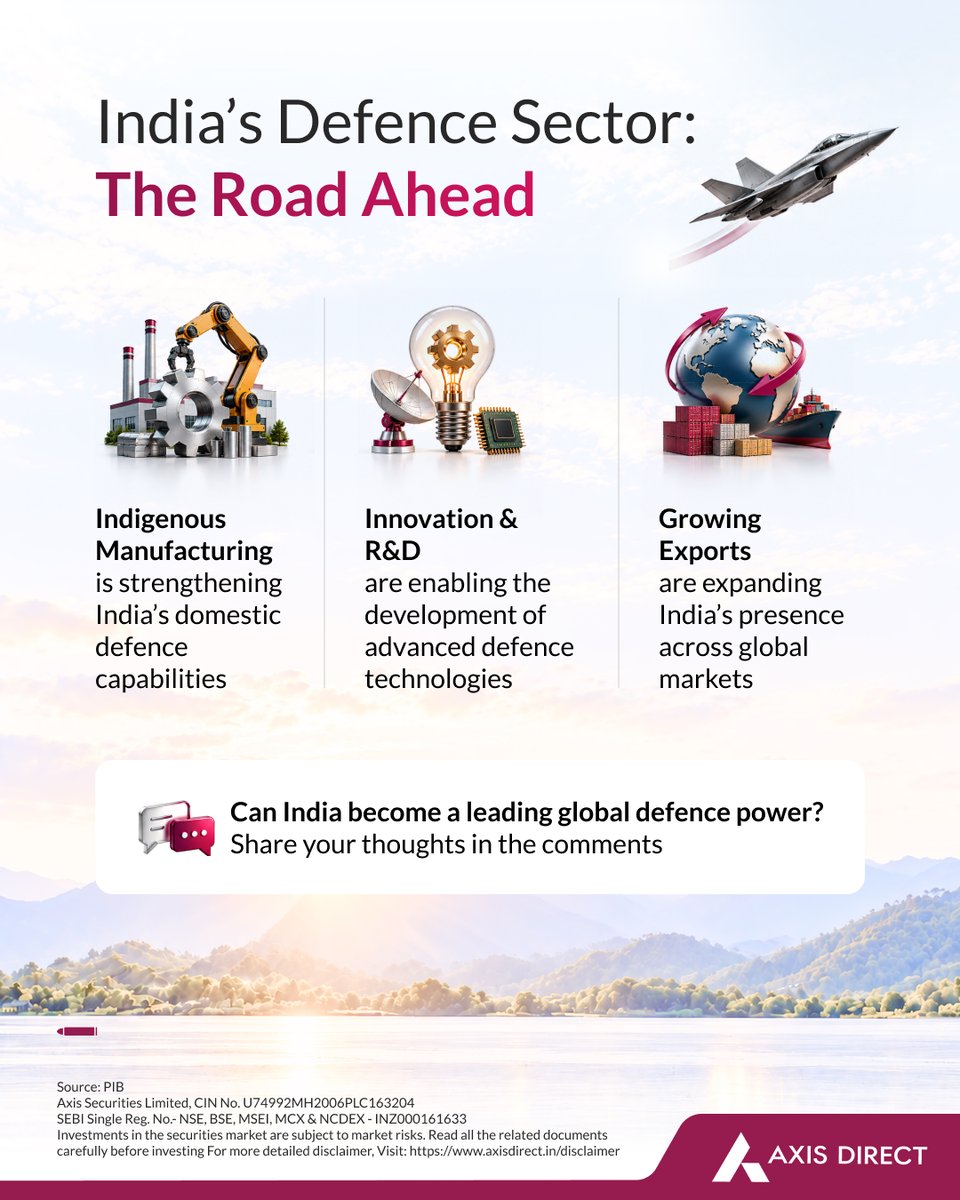 AxisDirect_In's tweet photo. India’s defence sector is rapidly advancing towards becoming a technologically advanced defence power by 2047. Swipe to explore the key developments shaping this journey.

#AxisDirect #InvestedInYou #DefenceIndustry #AtmanirbharBharat #IndiaGrowth https://t.co/7llcWuw3gR