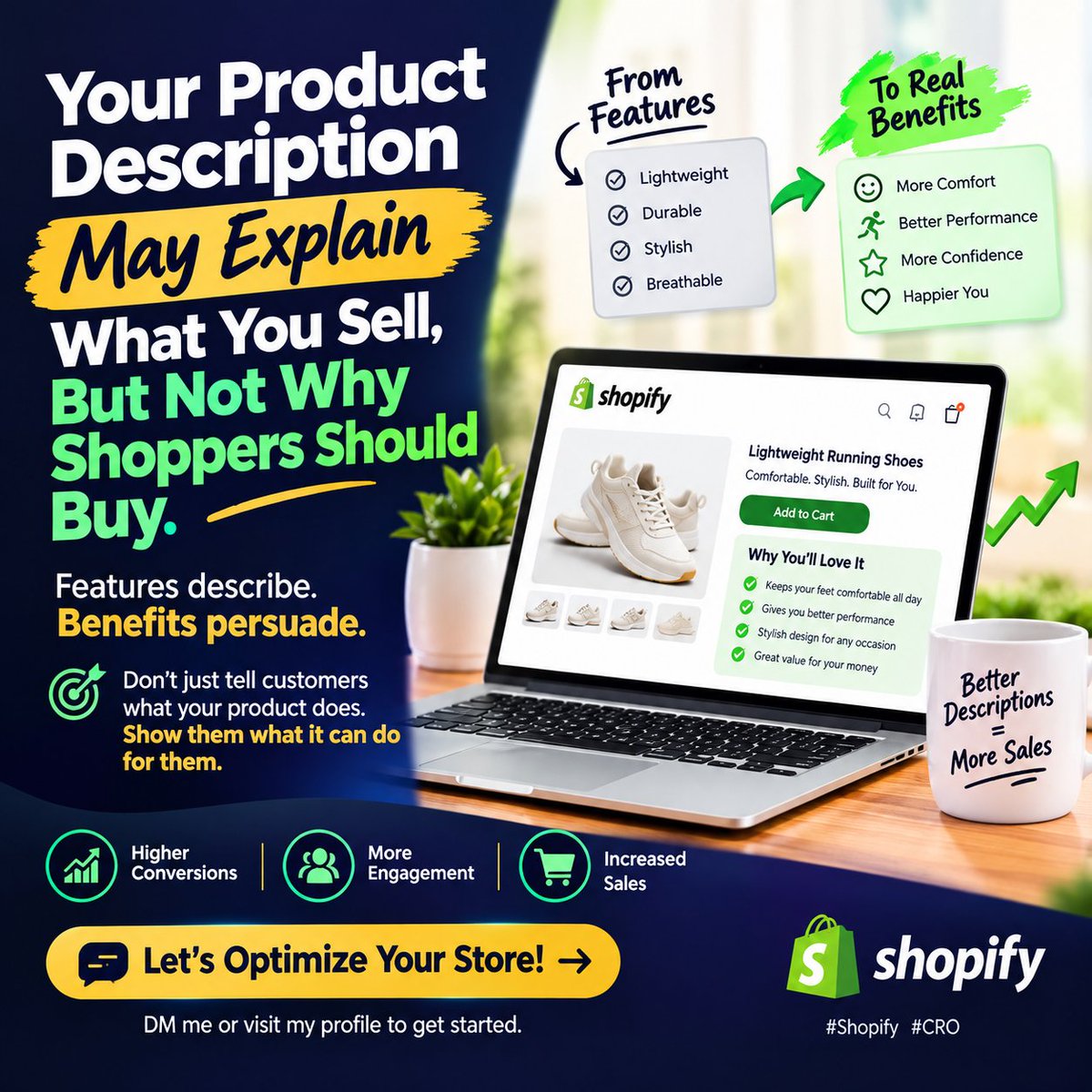 StellaDevTech's tweet photo. Your product description may explain what you sell, but not why shoppers should buy.

Features describe. Benefits persuade.

Don't just tell customers what your product does. Show them what it can do for them.

#Shopify #CRO https://t.co/0tzNRnfMd4