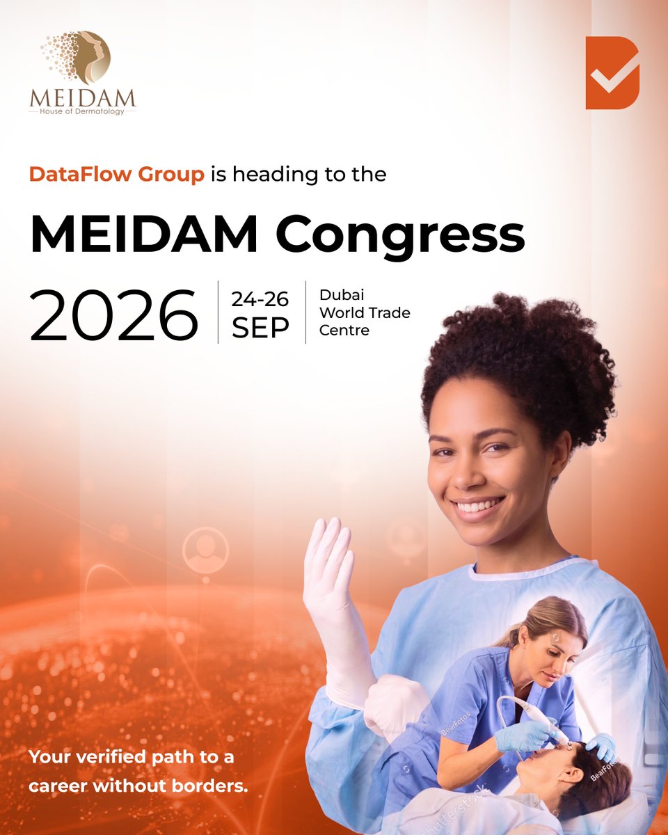 DataFlowGroup's tweet photo. We are proud to announce that DataFlow Group will be participating in the 11th International MEIDAM Congress 2026, taking place from 24 to 26 September at the Dubai World Trade Centre.

MEIDAM brings together over 4,500 physicians, dermatologists, and aesthetic medicine practitioners from across the region and beyond — and DataFlow Group will be there to support every one of them on the credential verification journey that moves careers forward.

Visit us at our stand to learn how Primary Source Verification through https://t.co/RvrqugfRKG works, get your questions answered, and take the next step in your professional journey.

We look forward to seeing you there. 

يسعدنا أن نعلن عن مشاركة مجموعة داتافلو في المؤتمر الدولي الحادي عشر للشرق الأوسط للأمراض الجلدية والتجميل (ميدام 2026)، والذي سينعقد في الفترة من 24 إلى 26 سبتمبر في مركز دبي التجاري العالمي.

يجمع مؤتمر "ميدام" أكثر من 4,500 طبيب وطبيب جلدية وممارس في طب التجميل من كافة أنحاء المنطقة والعالم. وتتواجد مجموعة داتافلو هناك لتقديم الدعم الكامل لكل ممارس في رحلة توثيق شهاداته واكتمال مسيرته المهنية.

قوموا بزيارتنا في المؤتملا للتعرف عن قرب على كيفية عمل خدمة التحقق من المصدر الأولي عبر منصة تروبروفايل، وللإجابة على كافة استفساراتك لتخطو الخطوة التالية بثقة في مسارك المهني.

نتطلع بلقائكم هناك.