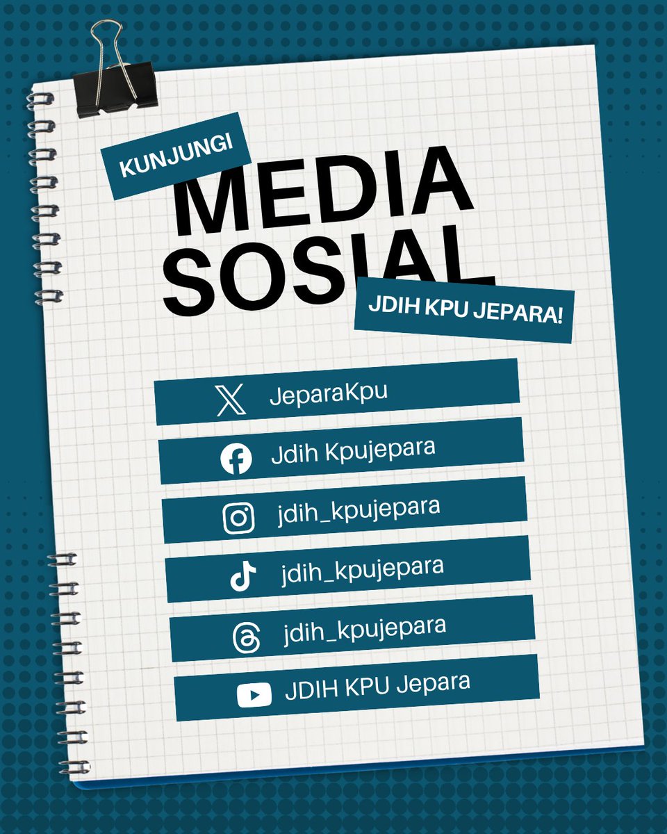 JeparaKpu's tweet photo. Halo #sobatJDIH. Jangan sampai ketinggalan info hukum pemilu terbaru! Follow semua akun medsos JDIH KPU Jepara seperti di gambar untuk info resmi dan valid. 📌

@KPU_ID
@JDIHKPU_RI
@KPU_Jateng
@jdihkpujateng
@KpuJepara

#KPUMelayani https://t.co/NWVyYKqq0A