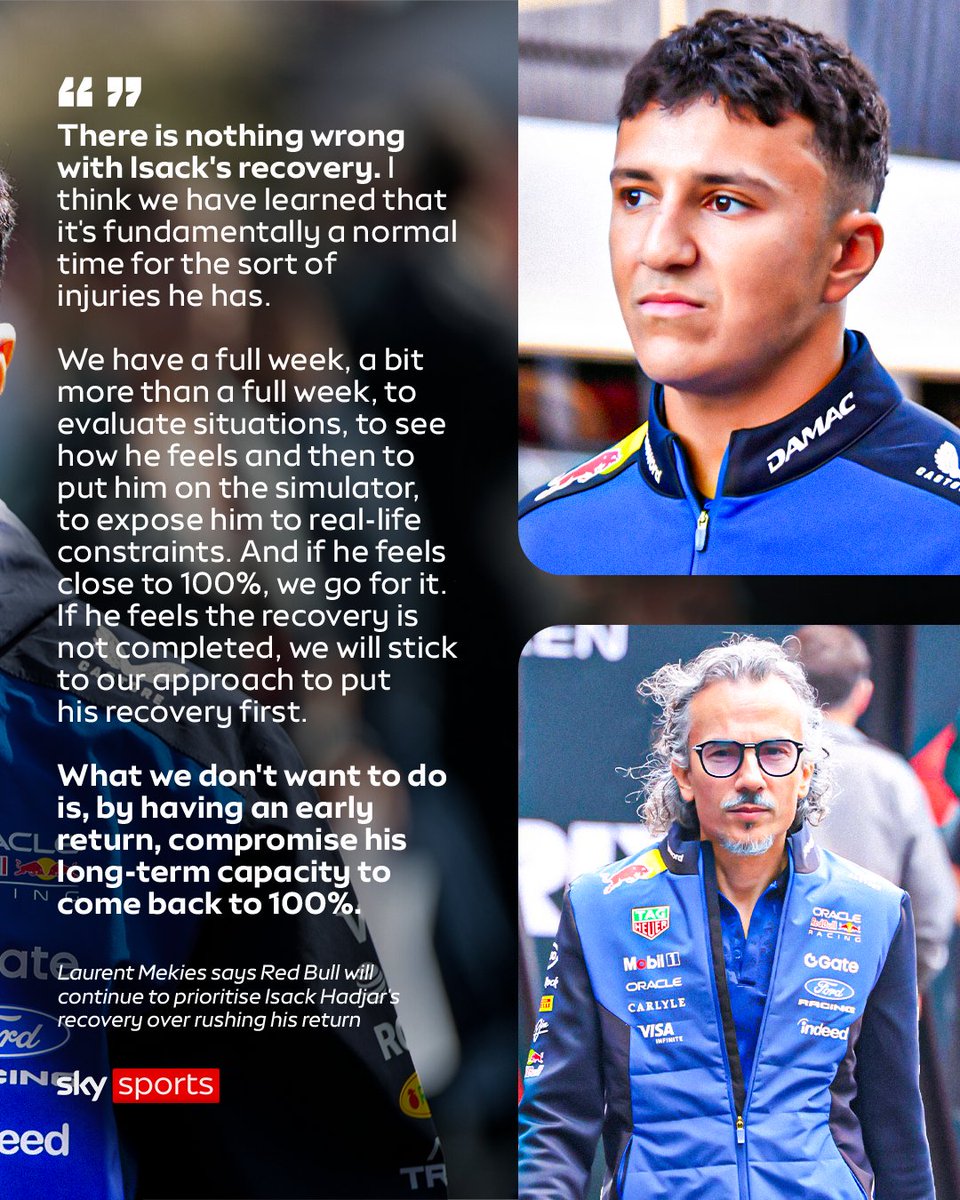 SkySportsF1's tweet photo. Red Bull team principal Laurent Mekies says they will continue to prioritise Isack Hadjar's recovery over rushing his return from injury. https://t.co/w3JU3h644a