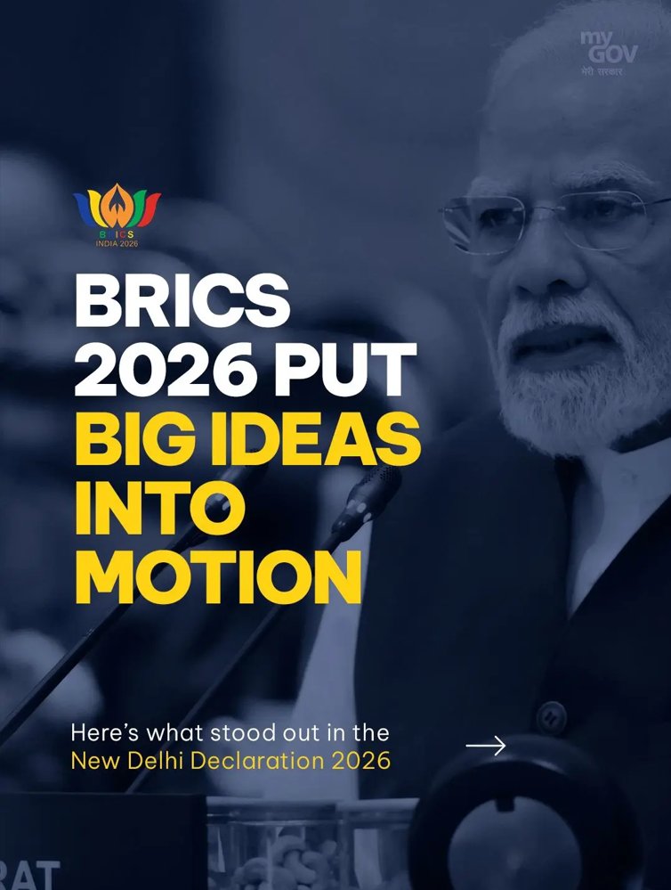 2LexTerrae's tweet photo. Landmark #18thBRICSSummit: Unanimous Adoption of the #NewDelhiDeclaration2026 

Under India’s Chairship, the 18th BRICS Summit in New Delhi concluded with the unanimous adoption of the New Delhi Declaration 2026. Comprising 140 points across 45 pages, the declaration sets a cohesive roadmap under the theme "Strengthening Cooperation to Promote Fair Competition, including in Renewable Energy Markets."

Key Highlights & Strategic Takeaways:

1. BRICS #Industry4.0 Hub: Marked the operationalization of the India Centre for BRICS Industrial Competencies (#ICBIC) to help businesses and #SMEs adopt advanced manufacturing technologies.

2. Trade in #LocalCurrencies: The BRICS Payment Task Force (#BPTF) will continue work on interoperability and investments, expanding cross-border payments and trade settlements using member countries' local currencies.  

3. BRICS-Wide Network for #Startups: The #BRICSIncubatorNetwork has been established to bring startup ecosystems closer together. Startup Knowledge Hub & Startup Forum are also being strengthened.  

4. Financial Inclusion for #MSMEs: Reaffirmed commitment to the internationalization of MSMEs by backing the BRICS Guiding Principles for Credit Assessment Frameworks.

5. #GlobalGovernance Reform: China and Russia reiterated their support for #India and #Brazil to play expanded roles in the UN, including permanent seats on the UN Security Council (#UNSC). 

6. India’s Digital Public Infrastructure (#DPI): Proposal to launch the Digital Public Infrastructure Repository for BRICS countries and pilot projects for digital transformation.

7. #AIGovernance: AI now stands as a core pillar of #BRICSCooperation, with a commitment to inclusive, safe and EMDE-centric AI resource deployment, building on #IndiaAIImpactSummit2026 and the #WorldAIConference in #Shanghai.

Additionally, India’s proposal to host a BRICS Risk Lab at GIFT City (#IFSC) was highlighted to build insurance capacities. From Quantum Research to Connectivity & Finance, the New Delhi Declaration turned shared priorities into concrete initiatives.

#BRICS2026 #NewDelhiDeclaration #BRICSSummit #GlobalSouth #LocalCurrencies #DigitalPublicInfrastructure #StartupEcosystem #Industry40 #MSMEGrowth #AIGovernance #UNSCReform #GIFTCity #LexTerrae #InternationalLaw #CorporateLaw

@MEAIndia @PMOIndia @FinMinIndia @minmsme @GoI_MeitY @PIB_India @mygovindia @2LexTerrae @toajaytyagi @totyagiakash @Sheetal01474473 @NikunjAroraa