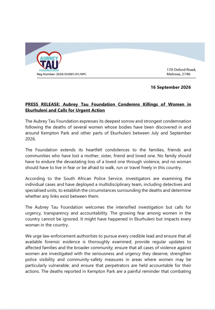 MojaLoveTv's tweet photo. PRESS RELEASE: Aubrey Tau Foundation Condemns Killings of Women in
Ekurhuleni and Calls for Urgent Action.
#Stopkillingwoman https://t.co/h8KA1LG1PH