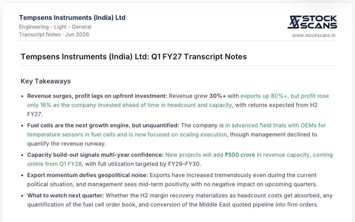 stockscansin's tweet photo. Tempsens Instruments - Q1FY27 Concall Insights &amp; key metrics to track.

Disc: Not a Buy/Sell Recommendation.
#readingcommunity https://t.co/Zpxf44CToz