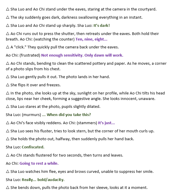 redrosecatjujak's tweet photo. This part about making the camera and taking pictures of the night sky is really long in the draft script, almost 1/3 of an episode. The filmed version simplified it a bit, and the details are also a bit different, but the plot is the same.
#Aochi and #Shaluo need to take pictures of the night sky to confirm the object in the sky that makes people turn to stone. While waiting to take a clear picture, they enjoy domestic activities with each other, like reading, eating, playing games, and having heart to heart talks. It's like living in their own little world for a couple days (the filmed version shortened it to a day).
So I will choose two parts related to the couple photo that Aochi secretly takes of them (since we have leaked videos) as content for my Fusheng teaser series today and tomorrow. Tomorrow will feature another one of my favorite Aochi quotes
#Chenzheyuan #Wangchuran